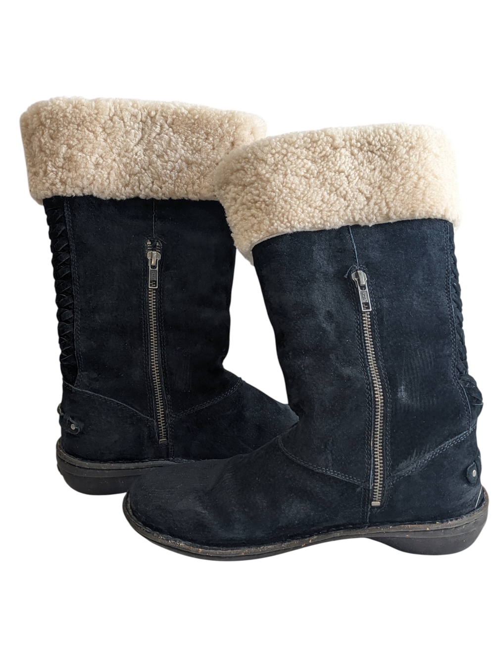 UGG Women's Karyn Black Suede Shearling-Cuff Zip Winter Boots Size 9